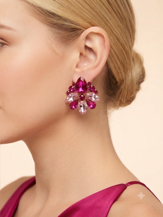 Fashion Jewelry Jewelry - Pink Crystal Cluster Earrings Gold Tone Teardrop Statement